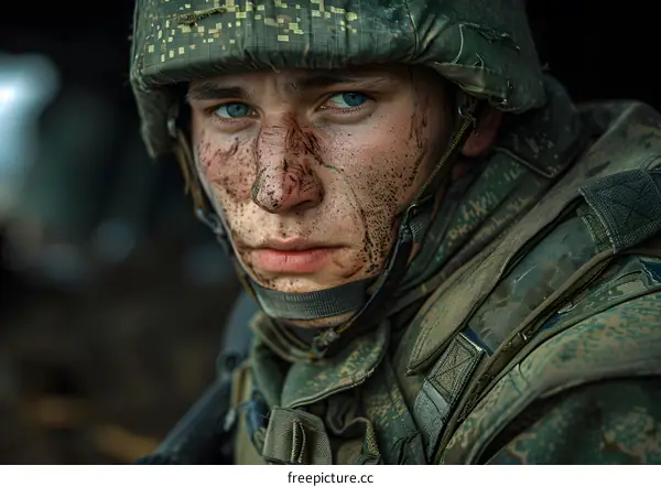 Portrait of a young soldier with blue eyes and a dirty face