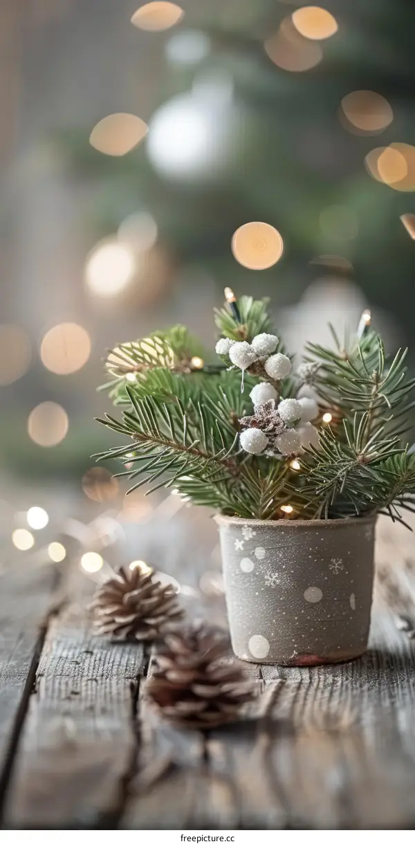 A small potted Christmas tree sits on a wooden table.