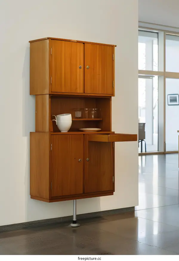 Wooden Cabinet With Sliding Drawer and Glass Shelves
