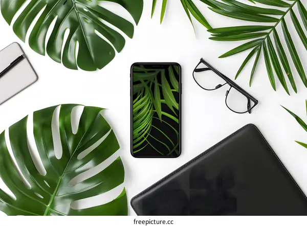 Flat Lay of Green Leaves with Smartphone, Glasses, and Black Notebook