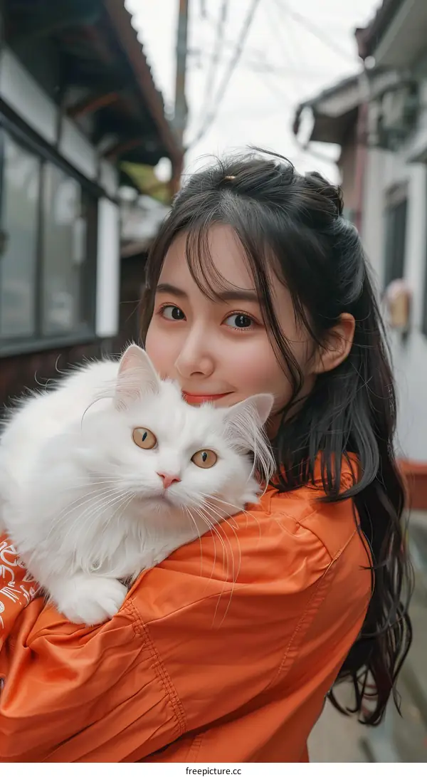 A young woman is hugging a white cat
