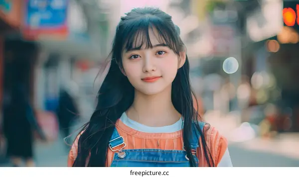 Young Asian Woman with Long Black Hair Smiling at Camera