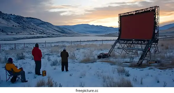People Watching The Sunrise At A Snowy Mountain Drive In Theater