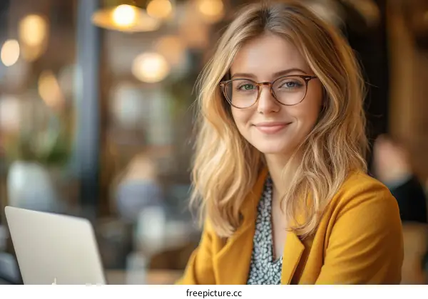 Smiling Woman Working on a Laptop in a Cafe