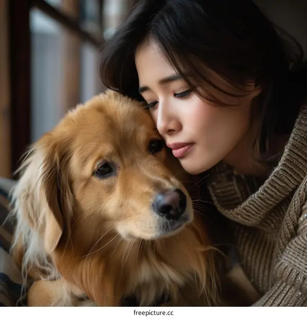 Portrait of a young Asian woman with her golden retriever dog