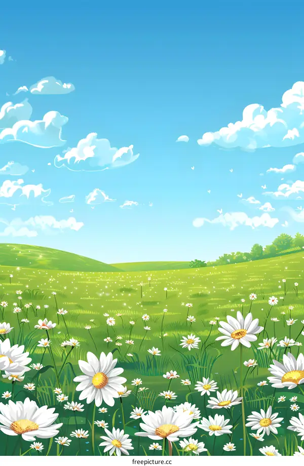 Summer Meadow with Daisies and Blue Sky