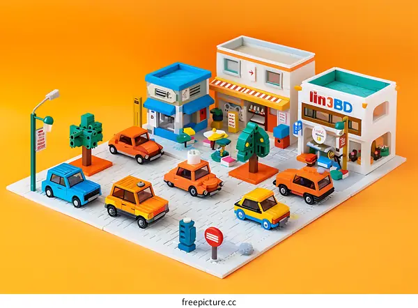 Miniature City Street Scene with Colorful Buildings and Cars