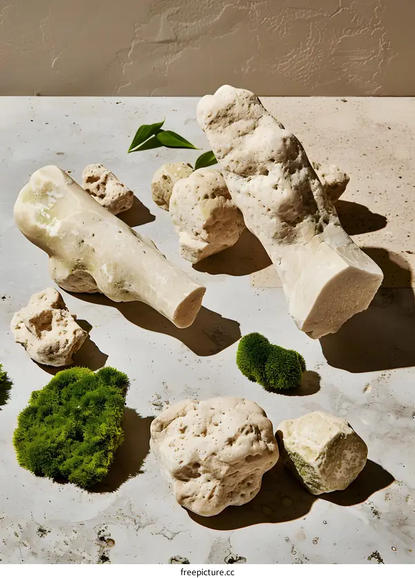 Textured White Rocks and Green Moss on Grey Surface