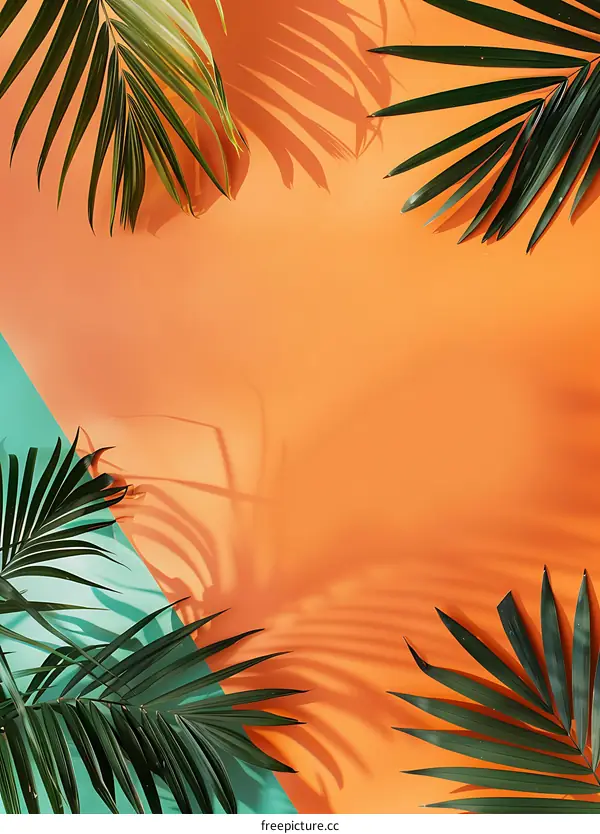 Tropical Palm Leaf on Orange and Green Background
