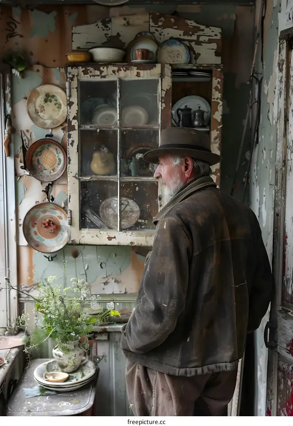 An old man standing in a room with a lot of clutter
