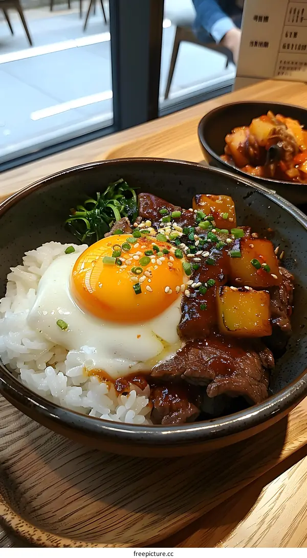 A delicious bowl of Korean beef with rice and egg