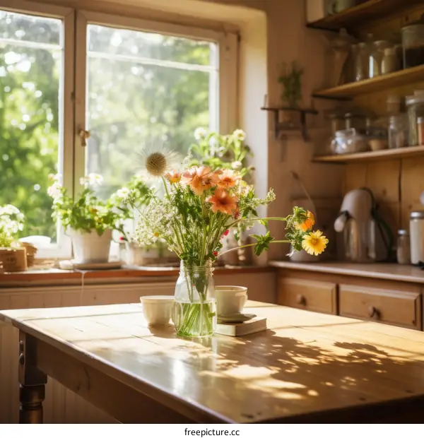 kitchen table with flowers in vase and two cups