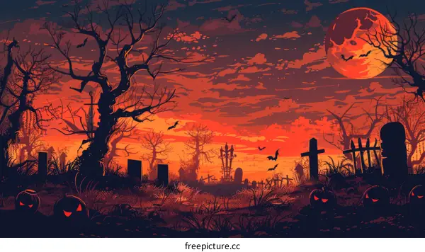 Spooky Graveyard with Pumpkins and a Blood Red Moon