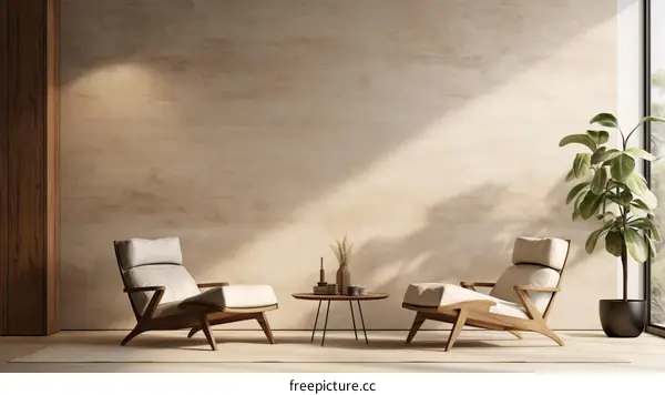 Minimalist Living Room with Beige Armchairs and Plant