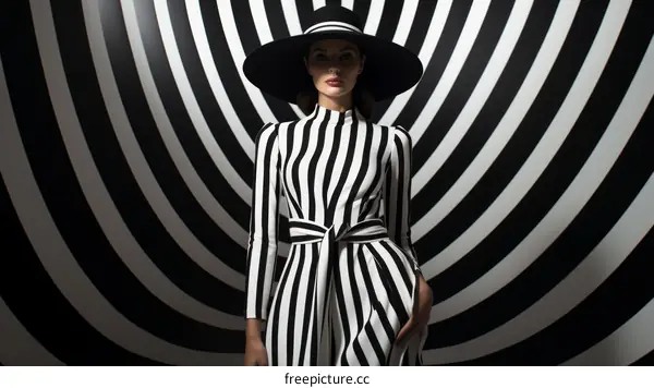 Black and white striped dress with matching hat