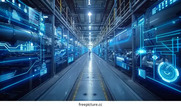 futuristic industrial interior with blue glowing lights and machinery