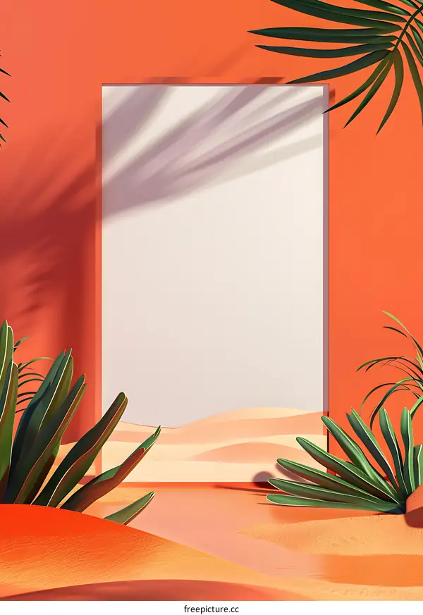 Minimalist Summer Desert Landscape with Palm Trees and White Frame