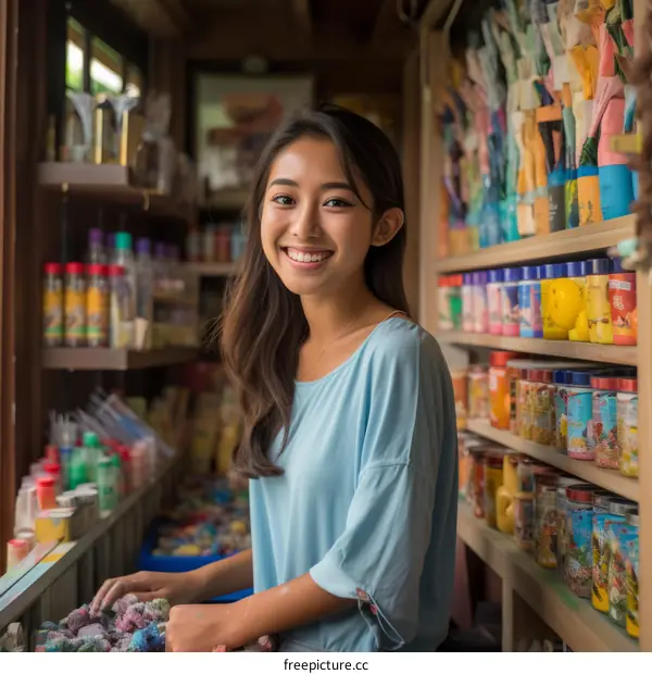 Portrait of a smiling young woman standing in a colorful store