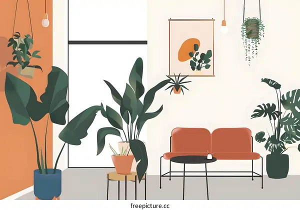 Minimalist Living Room Illustration with Plants and a Sofa