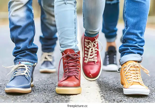 Closeup of Four Peoples Feet Walking on Pavement