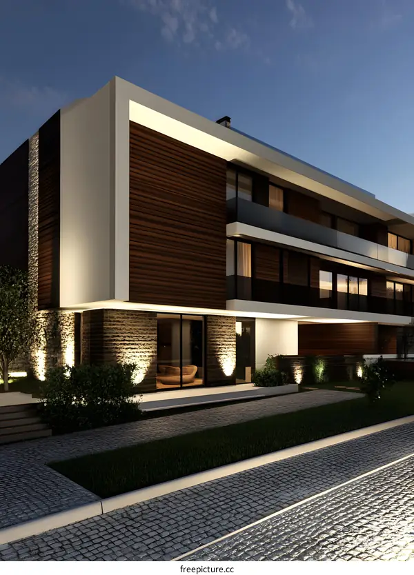 Modern Architecture Building Exterior Design With Wooden Facade And Stone Walls