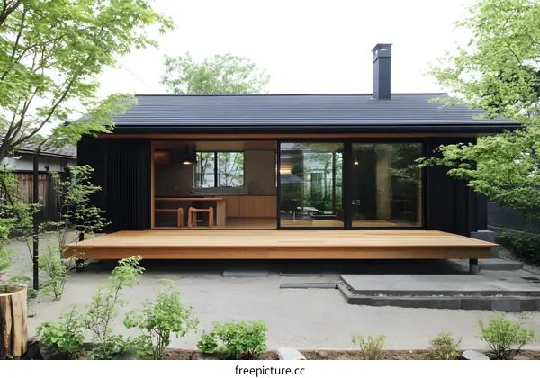 Modern Japanese House with Black Roof and Wooden Deck