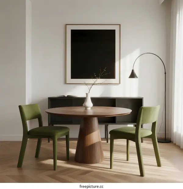 Modern minimalist dining room with round wooden table and green chairs