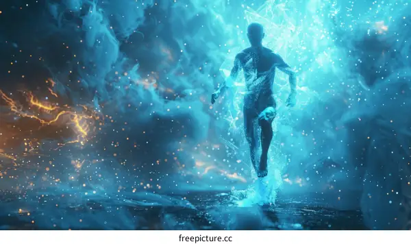 Blue translucent man running through a portal between dimensions