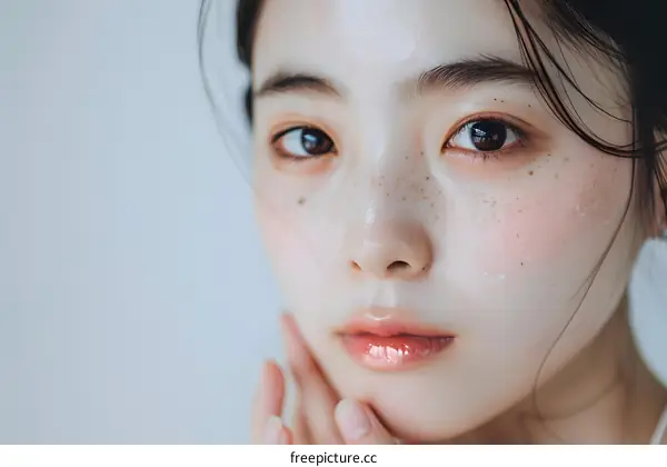 Closeup Portrait of a Young Woman with Freckles and Glossy Lips