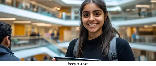 Smiling College Student with Tablet in Modern Building