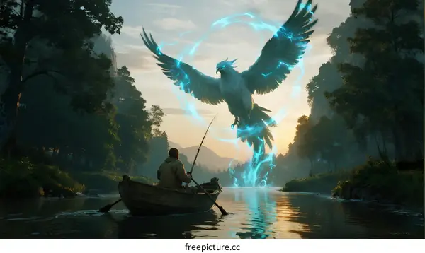 Man in Boat with Glowing Phoenix over Calm River at Sunset