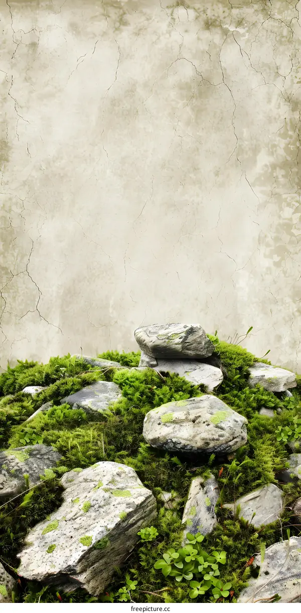 Green Moss Covered Rocks and Old Wall Texture Background
