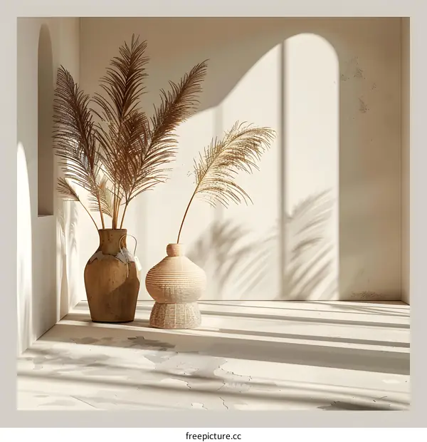 Minimalist Interior Design with Dried Palm Leaves and Vases