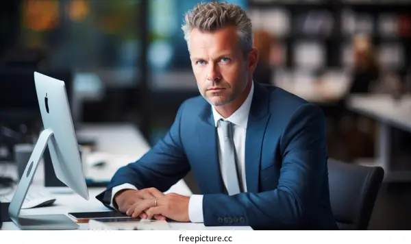 Businessman in suit sitting at desk looking at camera