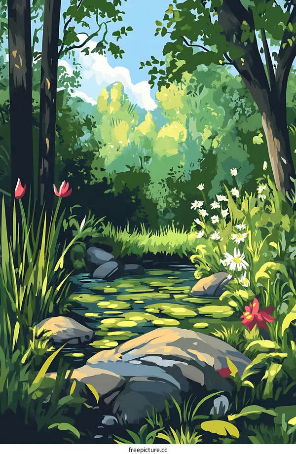 Forest Stream with Green Lush Landscape Illustration