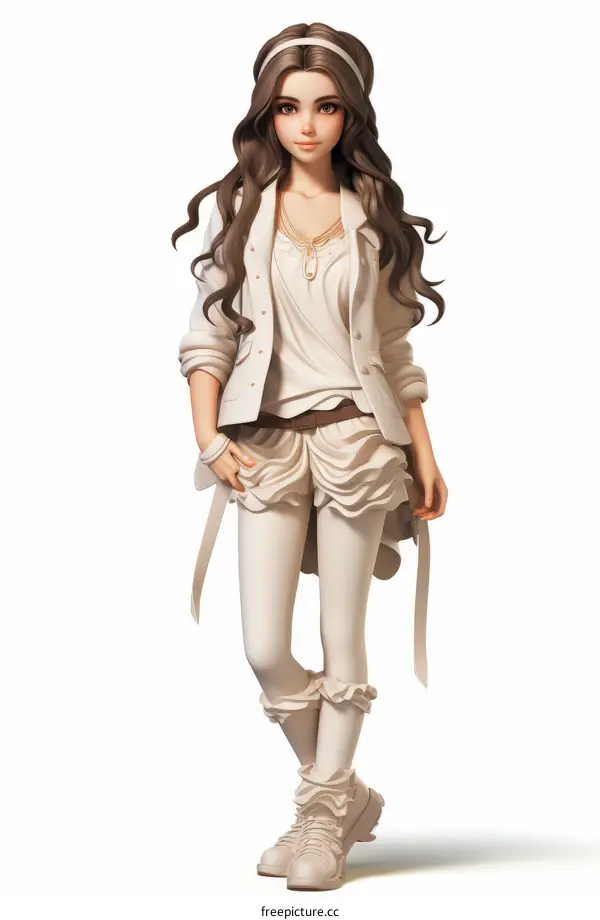 Illustration of a beautiful young woman with long brown hair wearing a white outfit