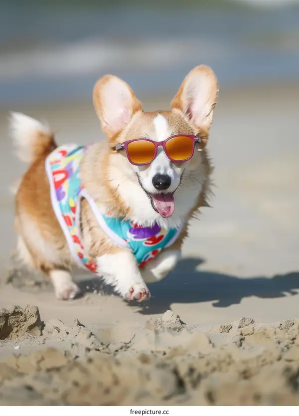 A happy corgi wearing sunglasses runs on the beach