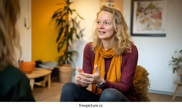 Woman in a Burgundy Sweater and a Yellow Scarf Sitting on a Rug