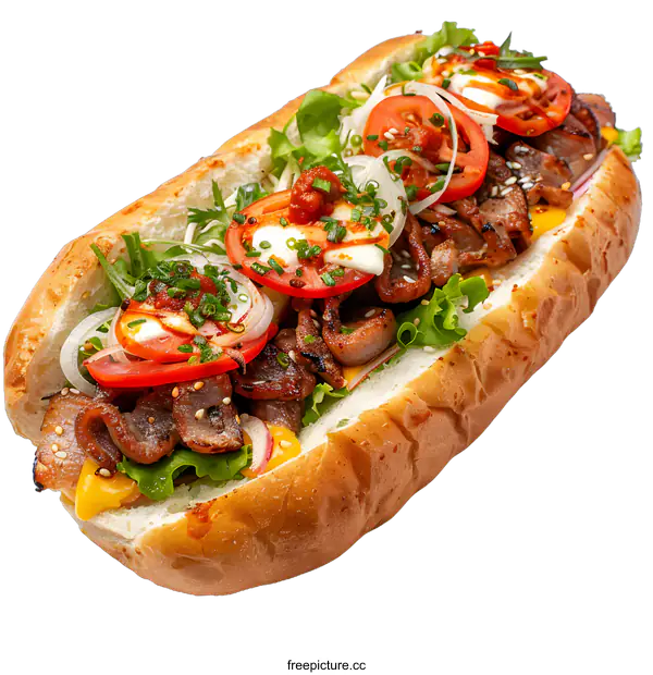[Transparent Background PNG]Delicious Grilled Pork Sub with Lettuce, Tomato, and Onion