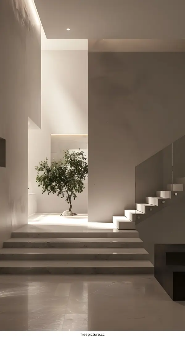 Modern Minimalist Interior Design With Stairs And Tree