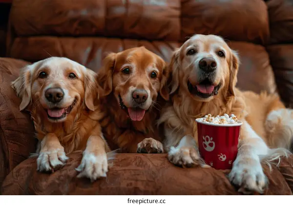 Three Golden Retrievers on a couch