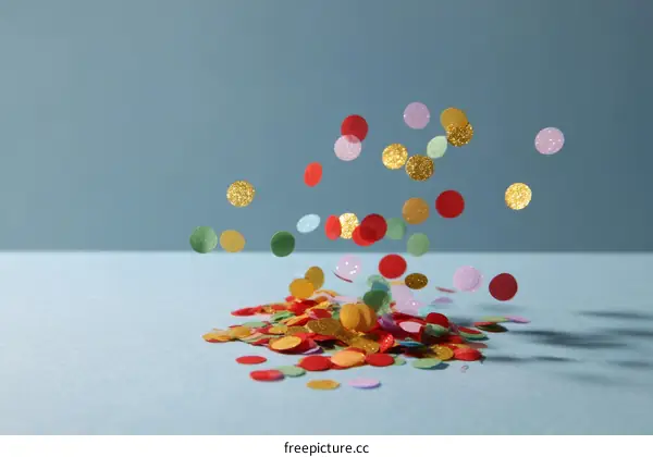 Colorful Confetti Falling on Light Blue Surface
