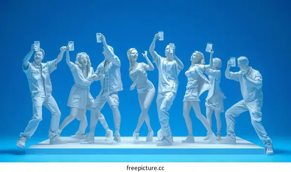 3D rendering of a group of people in various poses on a blue background