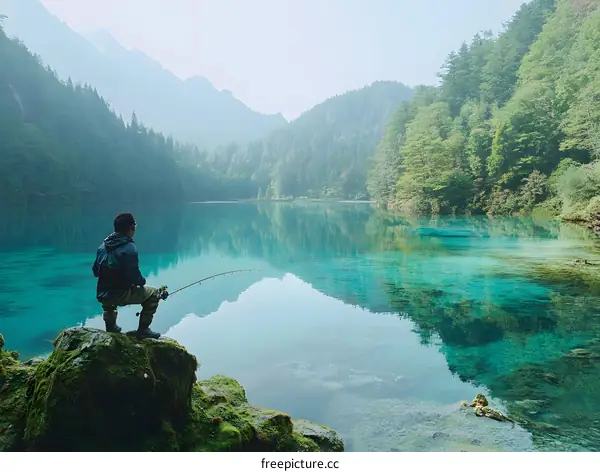 Man Fishing in a Tranquil Mountain Lake with Clear Blue Water