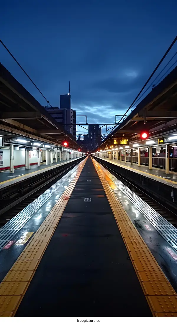 Empty train station platform with blue sky in the background