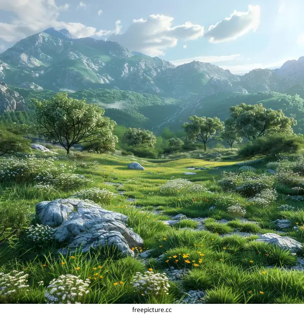 Tranquil Mountain Meadow with Rocks and Flowers