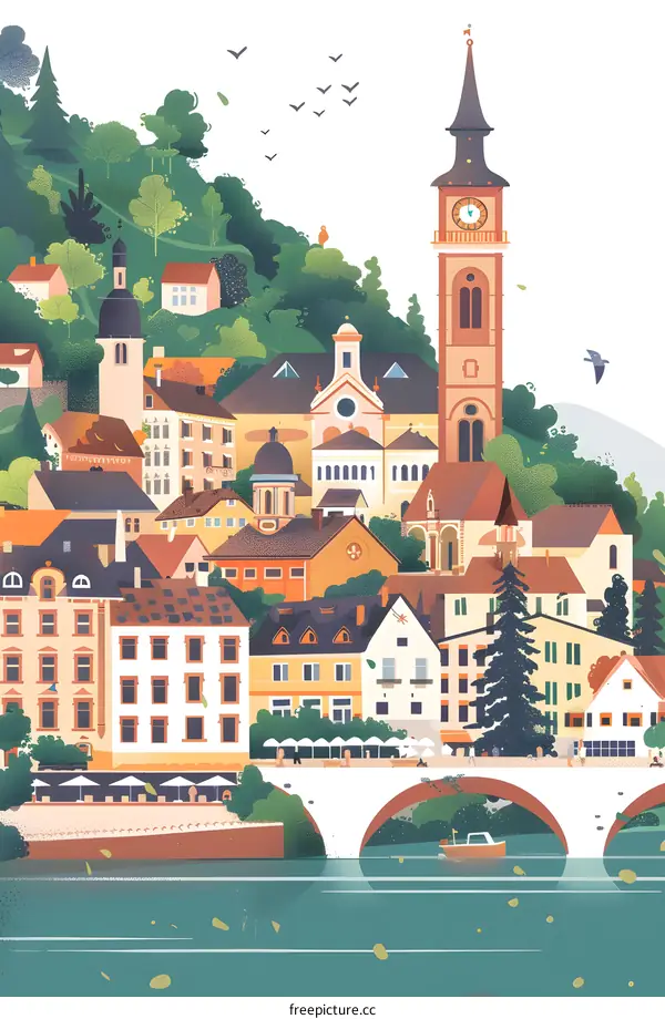 European City Illustration with River and Bridge