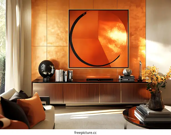 Modern Living Room Interior Design with an Orange Abstract Painting