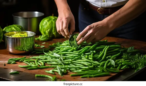 A chef is chopping green beans on a wooden cutting board.