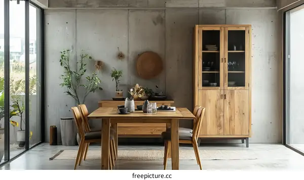 Rustic Dining Area with Wooden Table and Display Cabinet